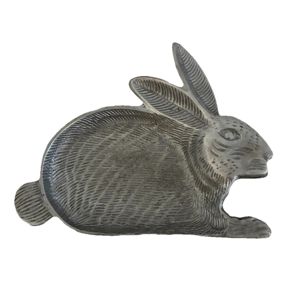 Vintage Pewter Bunny Rabbit Decorative Tray‎ Trinket Dish Farm Farmhouse Garden